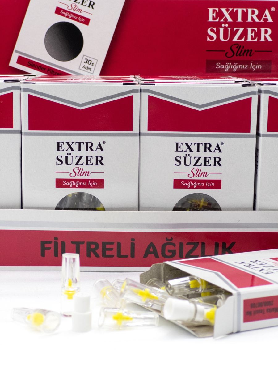 Extra Süzer Slim filtreli sigara ağızlığı kutuları, ağızlıklar ve ultra slim adaptörleri